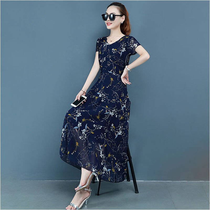 Taobao Special Edition Merchandise Floral Long Skirt, Plus Size Women's Dress, Slim And Fat Mm, Boutique Printed Chiffon Dress, Age Reduction - Sophinity