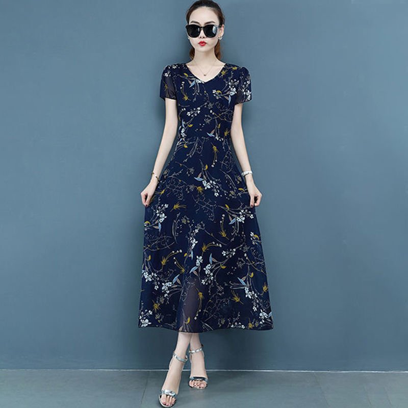 Taobao Special Edition Merchandise Floral Long Skirt, Plus Size Women's Dress, Slim And Fat Mm, Boutique Printed Chiffon Dress, Age Reduction - Sophinity