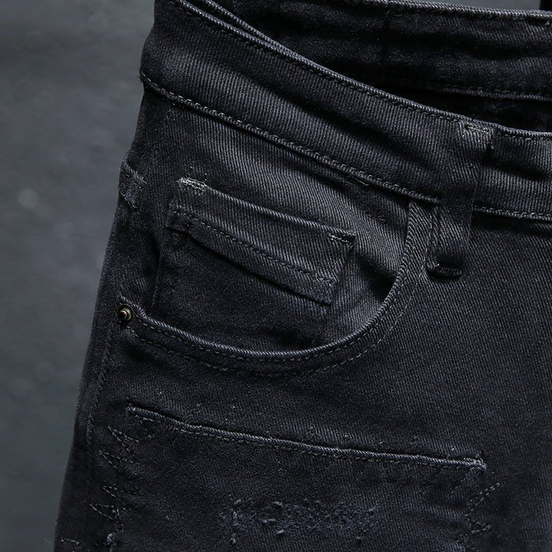 Spring And Summer New Jeans Pure Black Ripped Stretch Jeans Men Black Jeans Men - Sophinity