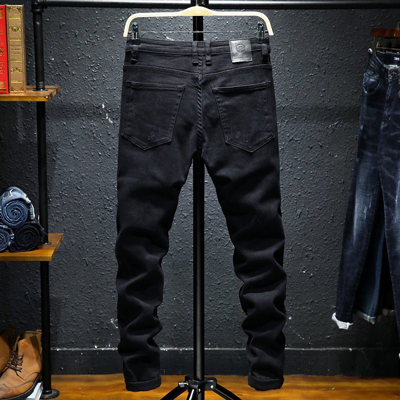 Spring And Summer New Jeans Pure Black Ripped Stretch Jeans Men Black Jeans Men - Sophinity