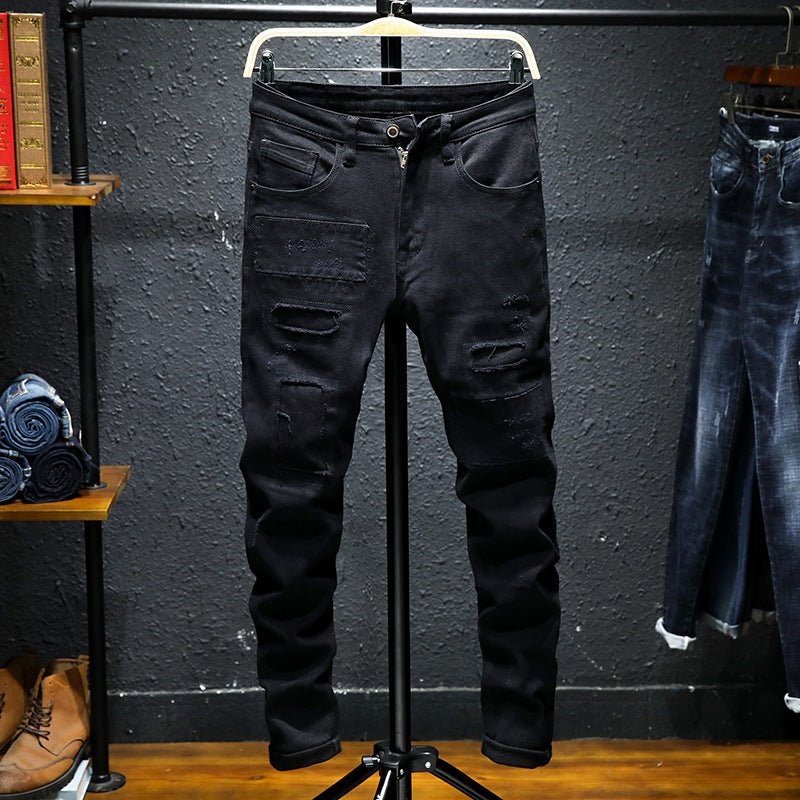 Spring And Summer New Jeans Pure Black Ripped Stretch Jeans Men Black Jeans Men - Sophinity