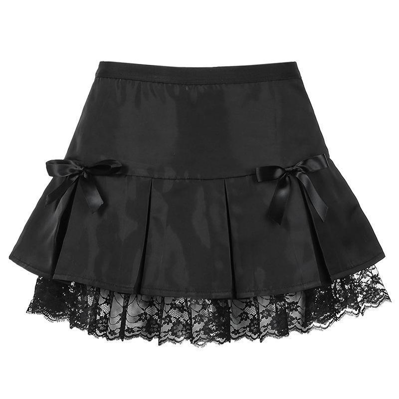 Black Goth Aesthetic Pleated Skirts Women Lace Trim Dance - Sophinity