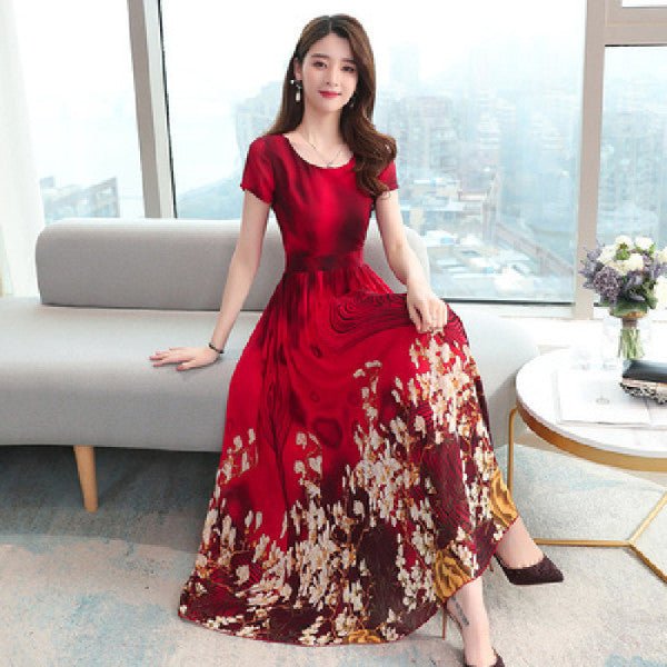 Floral Dress Mid - Length Summer New Large Size Women'S Dress Age Reduction Waist Was Thin - Sophinity