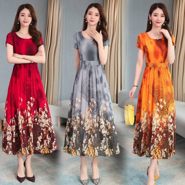 Floral Dress Mid - Length Summer New Large Size Women'S Dress Age Reduction Waist Was Thin - Sophinity