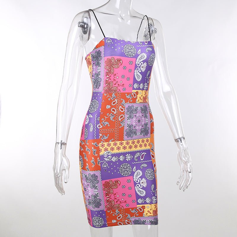 Strapless Sleeveless Backless Cashew Flower Printed Hip Dress - Sophinity