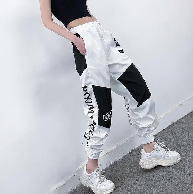 High Waist Letter Spliced Cargo Pants Women Loose Harajuku - Sophinity