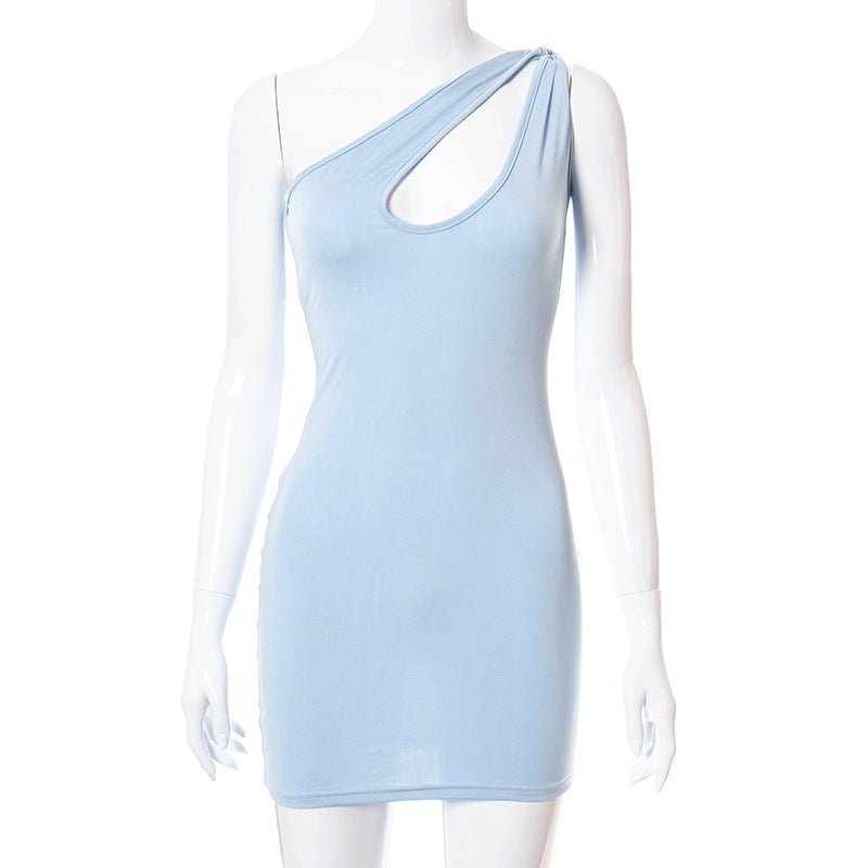 Solid Color One - shoulder Sleeveless Hollow Dress - Sophinity