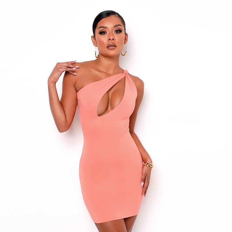 Solid Color One - shoulder Sleeveless Hollow Dress - Sophinity