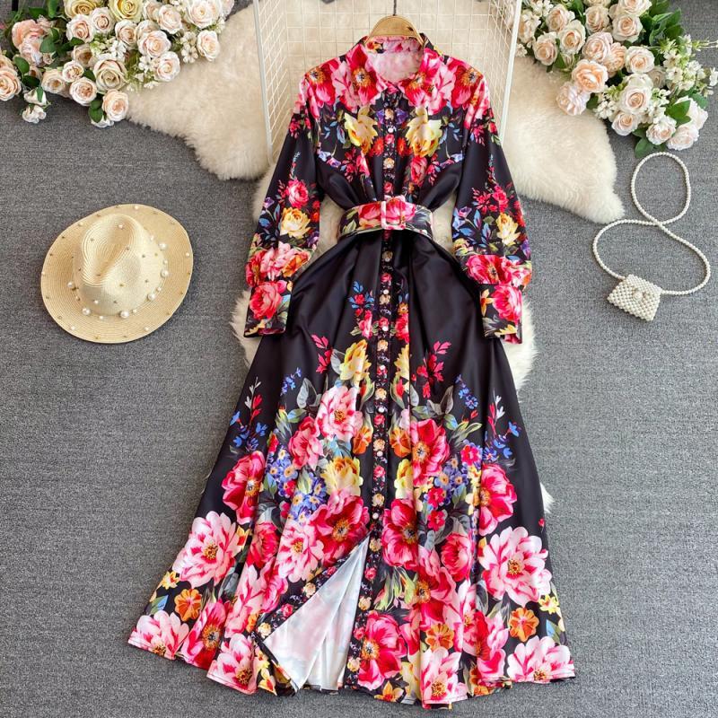 Light Luxury Lapel Puff Sleeve Single-breasted Printing A Words Dress - Sophinity
