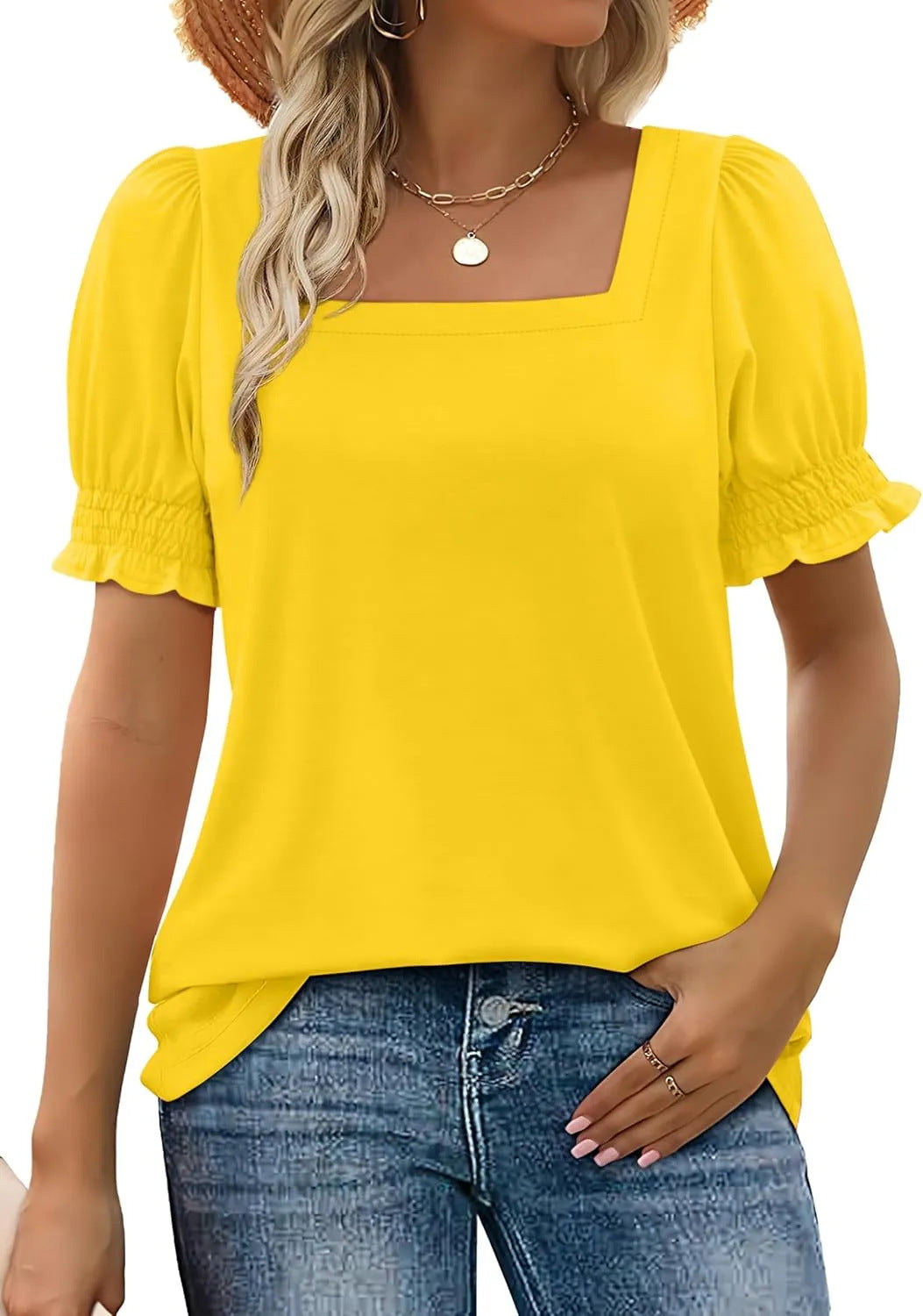 Spring And Summer New Fashion Simple U-neck Petal Sleeve Loose T-shirt - Sophinity