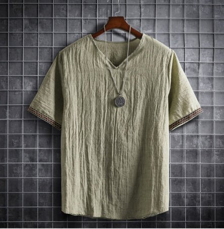 Vintage Linen V - Neck Short Sleeve T-Shirt Running Volume - Sophinity