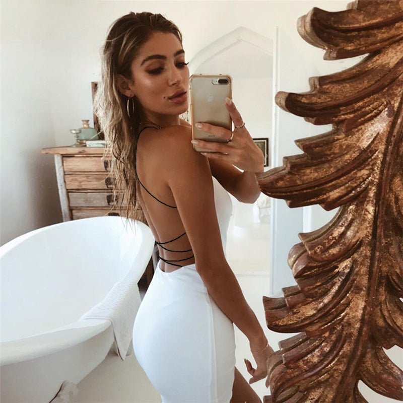 Solid Backless Midi Dress with Lace Up - Sophinity