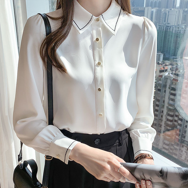 Spring And Autumn White Chiffon Long Sleeve Design Sense Niche Inner Bottoming Top Formal Shirt For Women - Sophinity