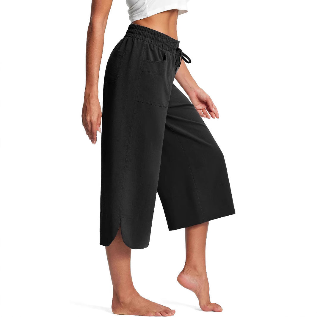 Summer Elastic Waist Solid Color Wide Leg Loose Casual Cropped Pants For Women - Sophinity