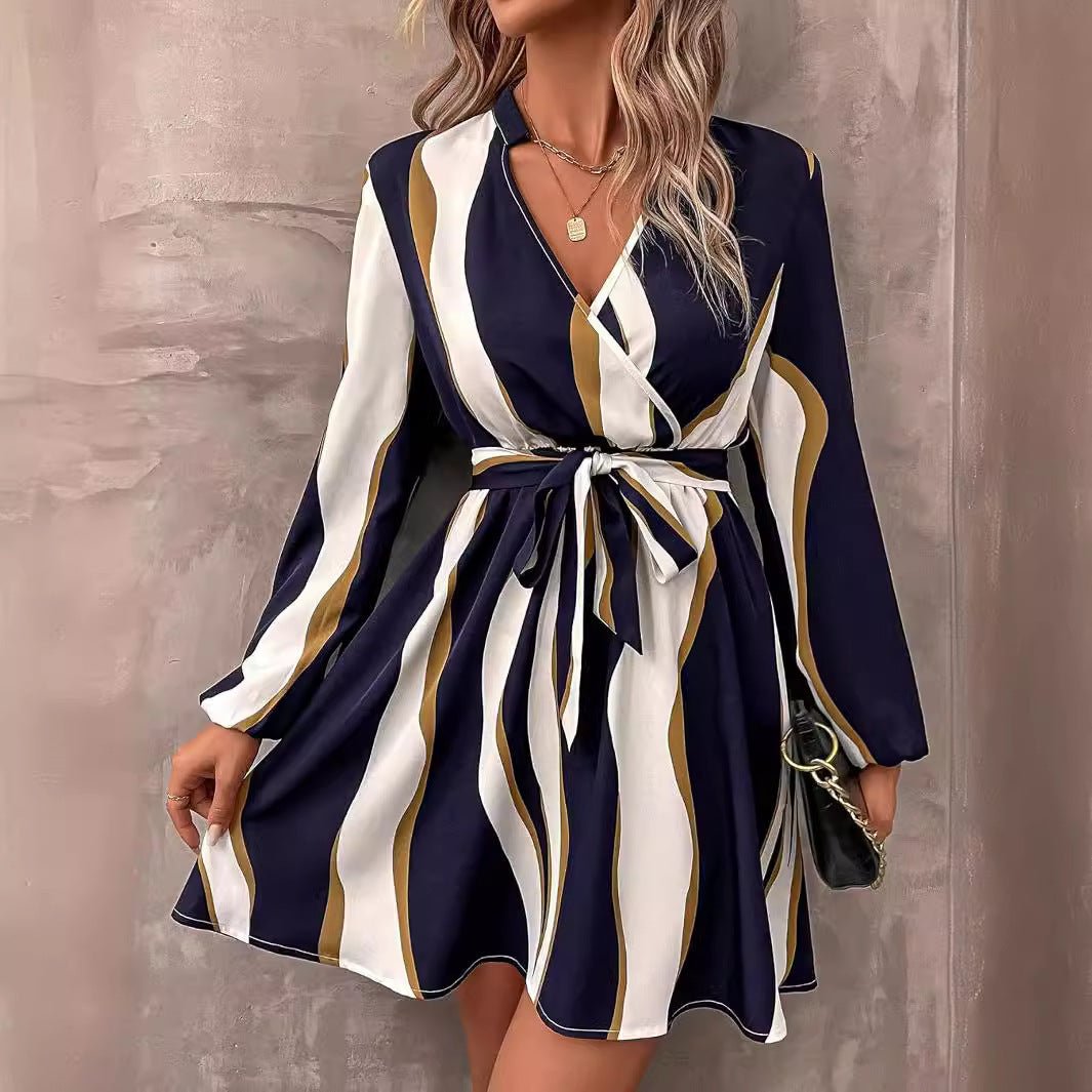 Women's Clothing Belt Printed V - neck Dress - Sophinity
