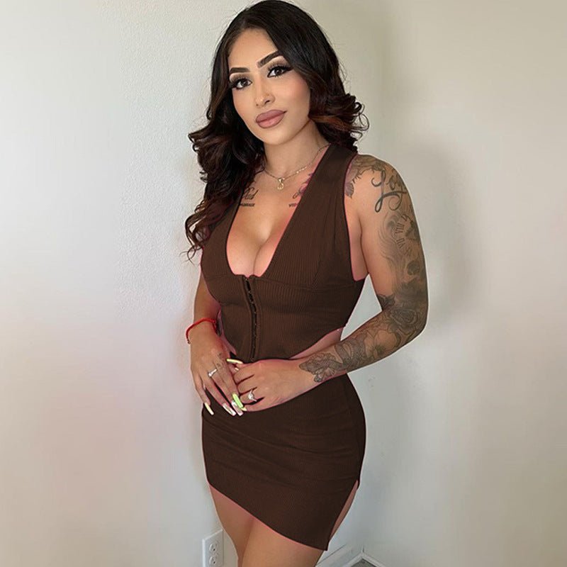 European And American Women's Clothing New Fashion V - neck Double - breasted Vest Slim Fit Slit Skirt Suit - Sophinity