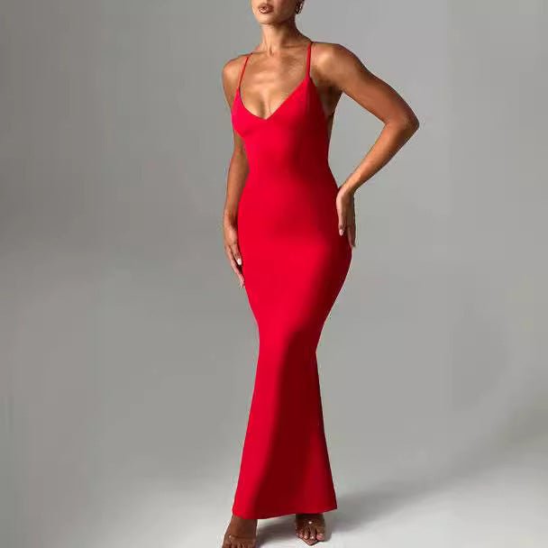 Women's Backless Cross Shoulder Strap Pleated Dress - Sophinity