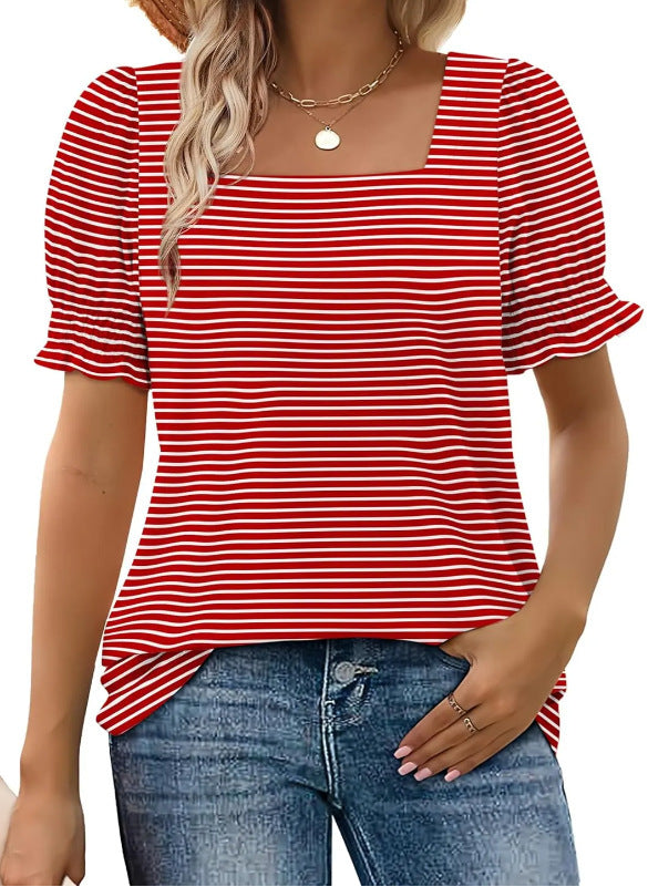 Spring And Summer New Fashion Simple U-neck Petal Sleeve Loose T-shirt - Sophinity