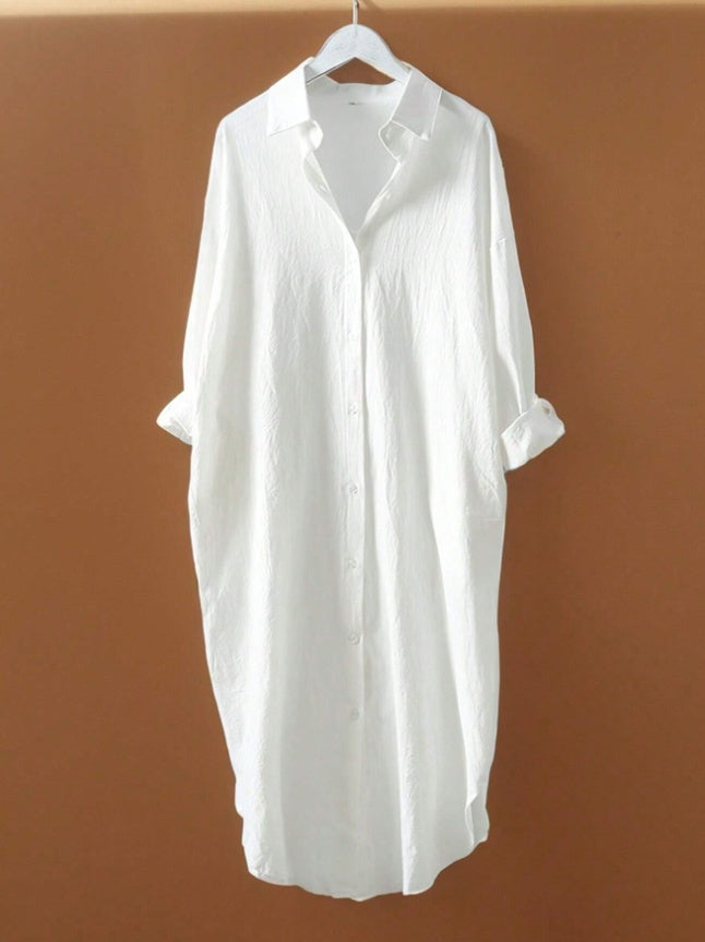 Pleated Long Button Down Dropped Shoulder Women Shirt - Sophinity