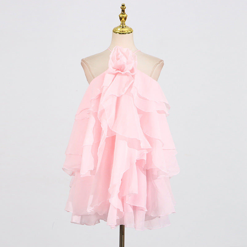 Halter Three-dimensional Flower Design Lace-up Sleeveless Dress - Sophinity