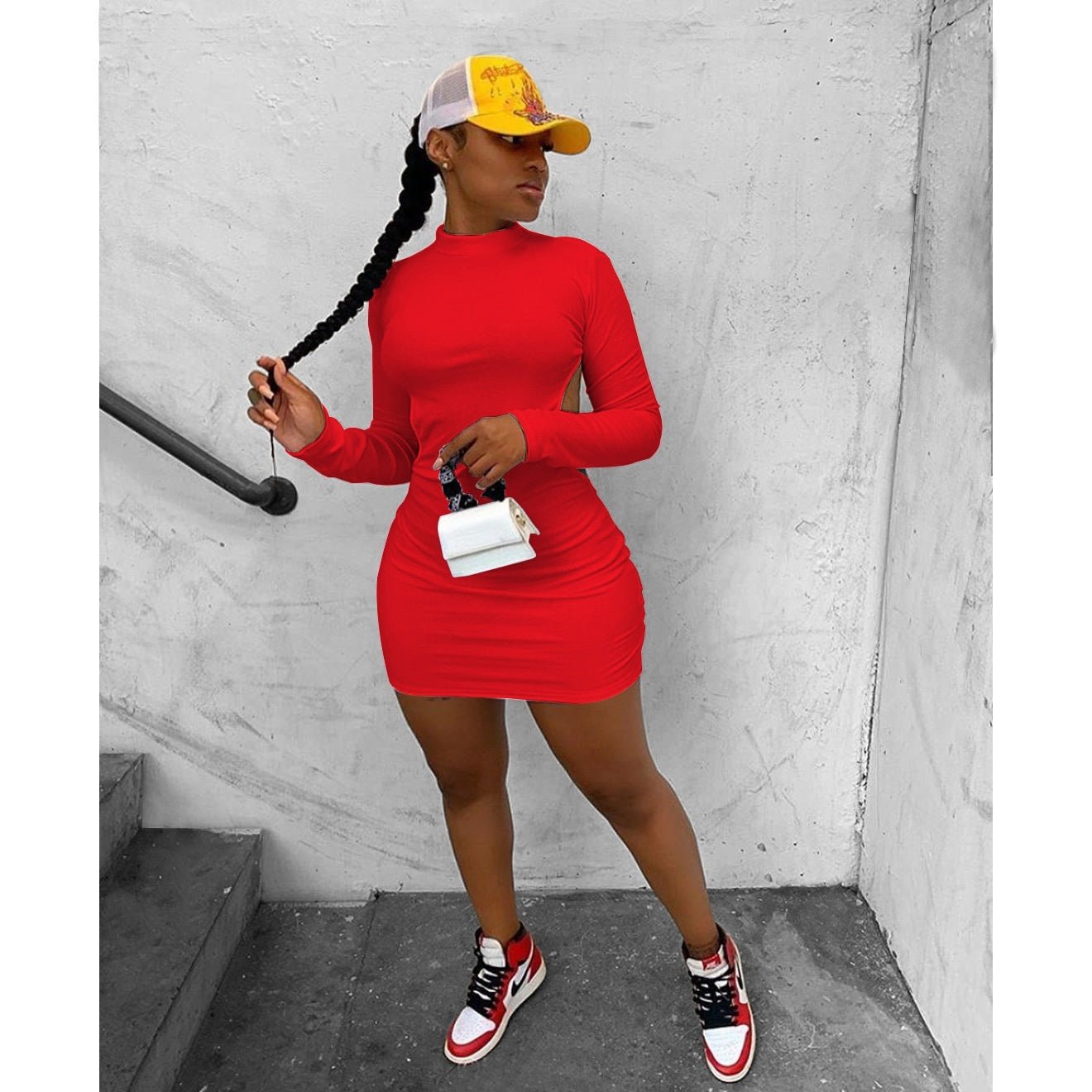 Solid Color High - elastic Long Sleeve Backless Dress - Sophinity