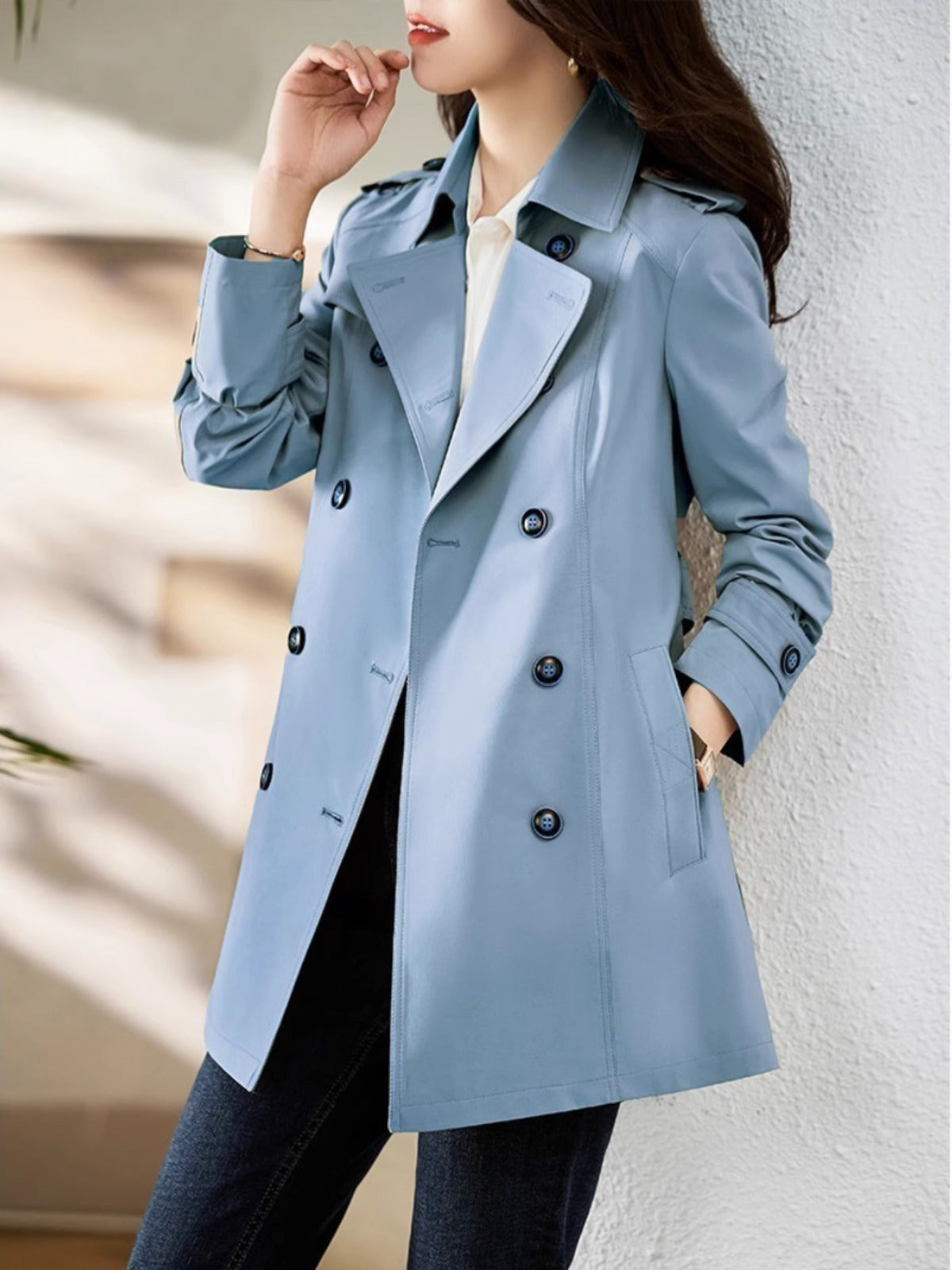 Women's Mid-length Trench Coat Double Breasted Fitted Waist Overcoat - Sophinity