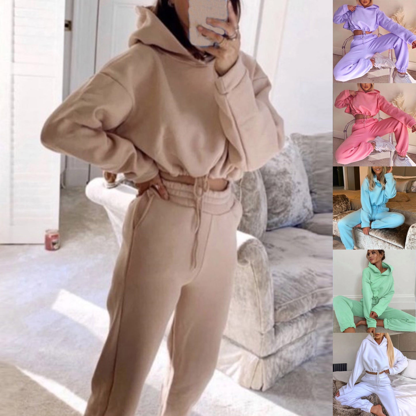 Stylish model wearing a 2 piece sports outfit for women in light pink, perfect for workouts or casual wear