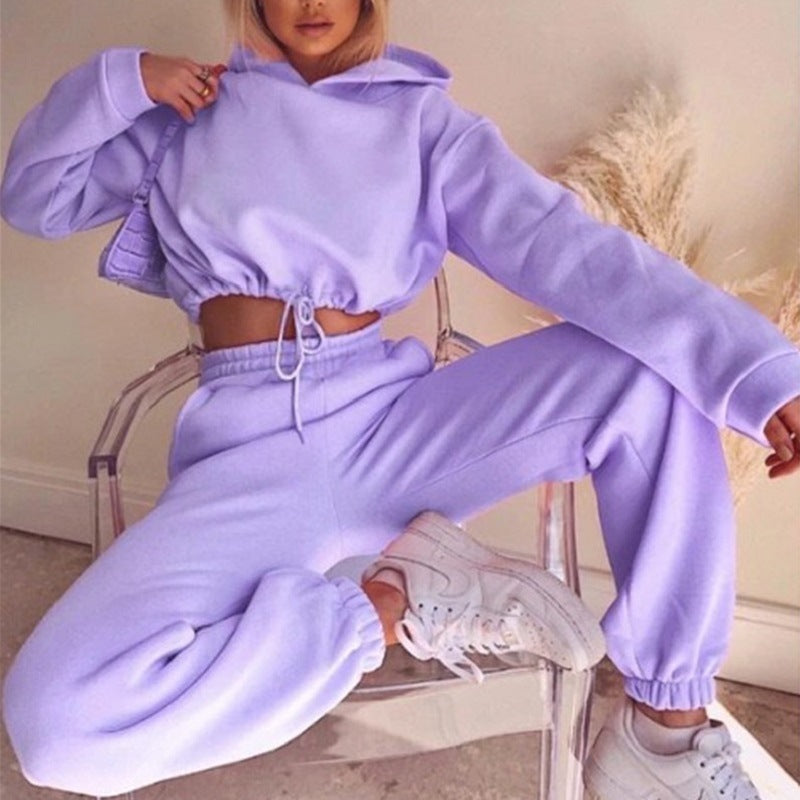 Light purple 2 piece sports outfit for women featuring a cropped hoodie and jogger pants