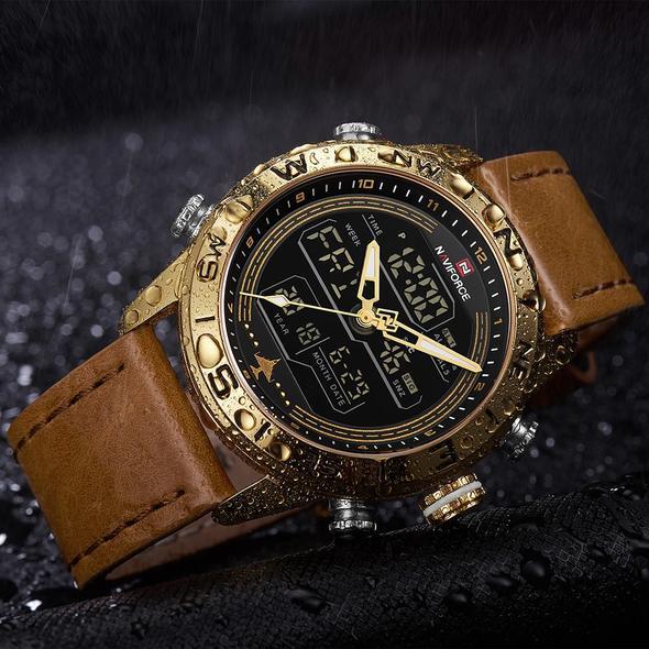 NAVIFORCE 9144 Fashion Gold Men Sport Watches Mens LED Analog Digital Watch Army Military Leather Quartz Watch Relogio Masculino - Sophinity