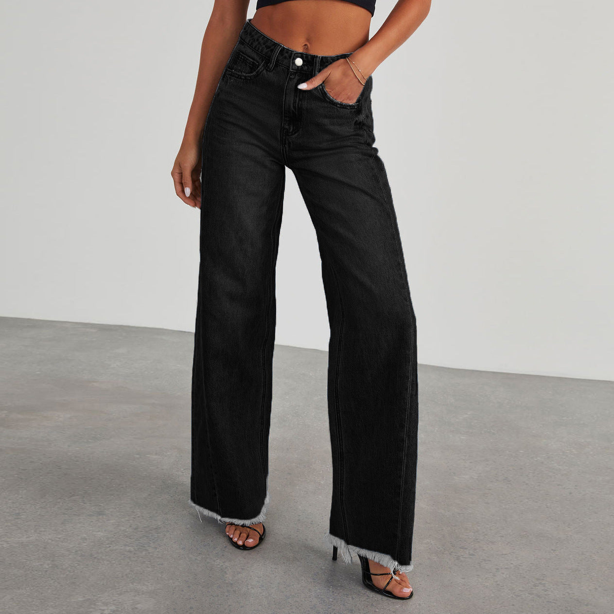 Fashion High Waist Jeans With Pockets Comfortable Slim Fit Straight Wide-leg Pants Womens Clothing - Sophinity