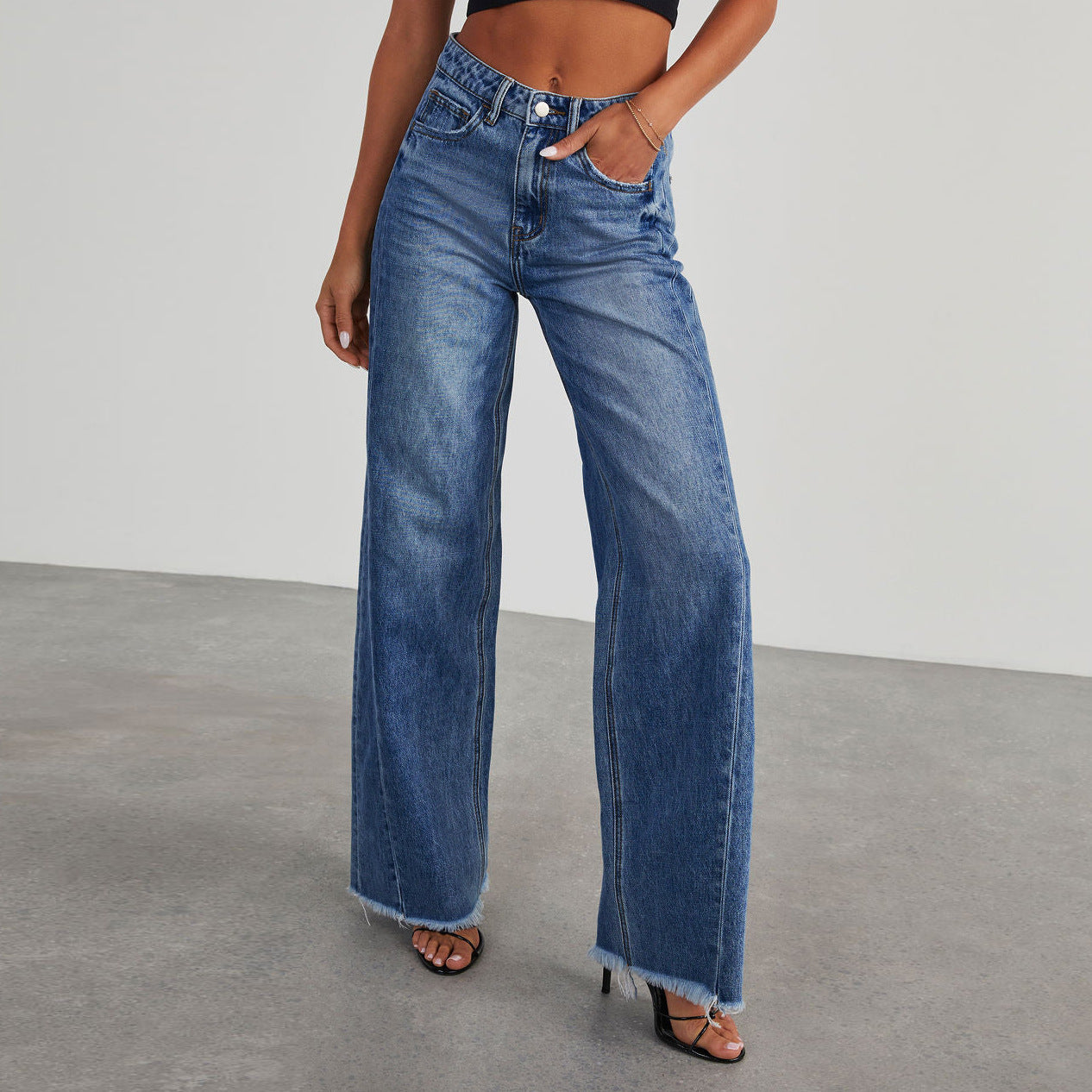 Fashion High Waist Jeans With Pockets Comfortable Slim Fit Straight Wide-leg Pants Womens Clothing - Sophinity