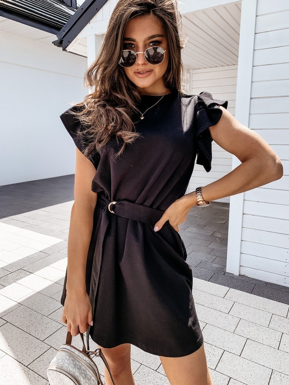 Ruffled Short Sleeve Crew Neck Dress - Sophinity