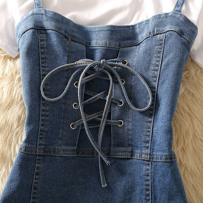 Summer Clothing Denim Braces Skirt Waist Trimming Lace Up Small Size Dress Suit