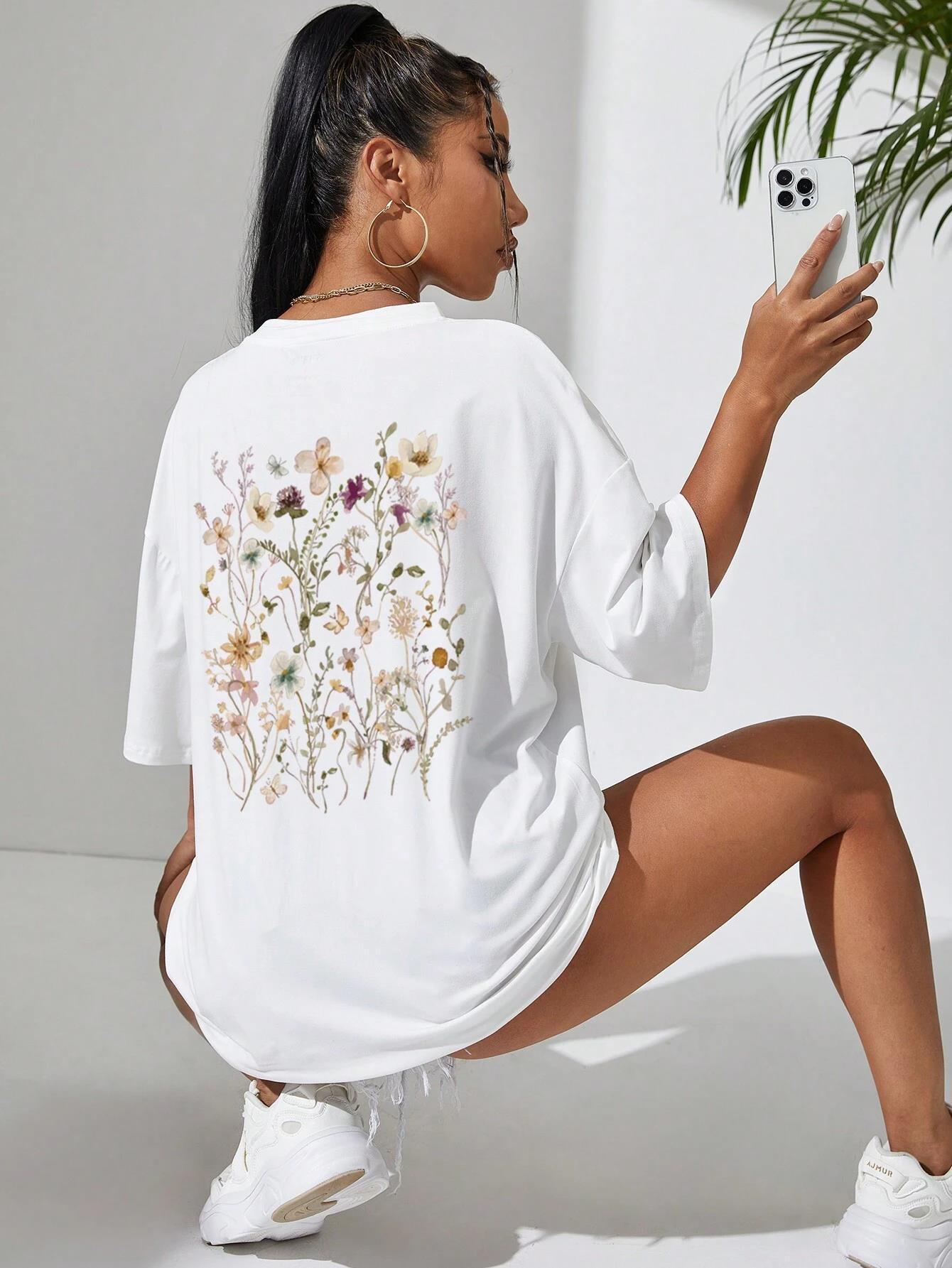 Beautiful Flower Clusters Print Cotton Women T-shirts Casual - Sophinity