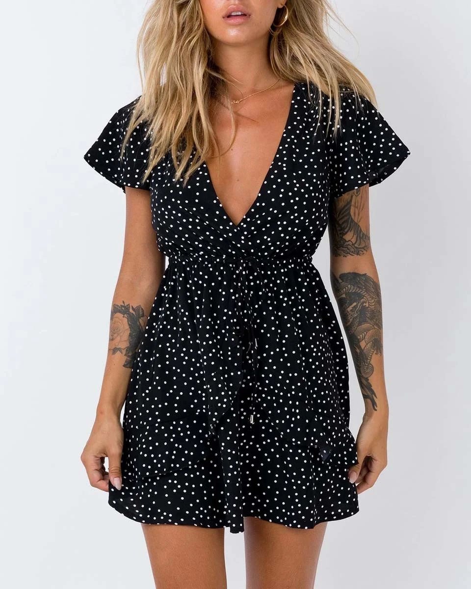V - neck Polka Dot Waist Slimming Dress - Sophinity