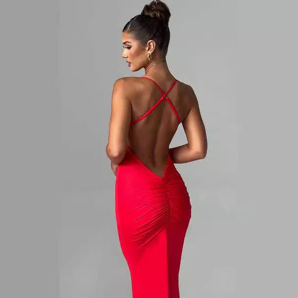 Women's Backless Cross Shoulder Strap Pleated Dress - Sophinity