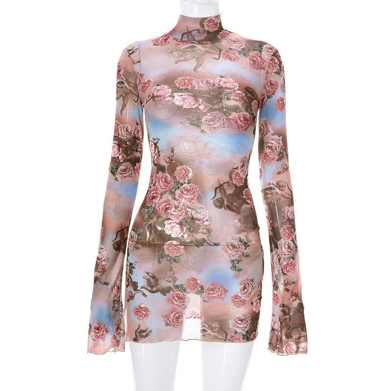 Round Collar Gauze See - through Printed Long Sleeve Dress - Sophinity