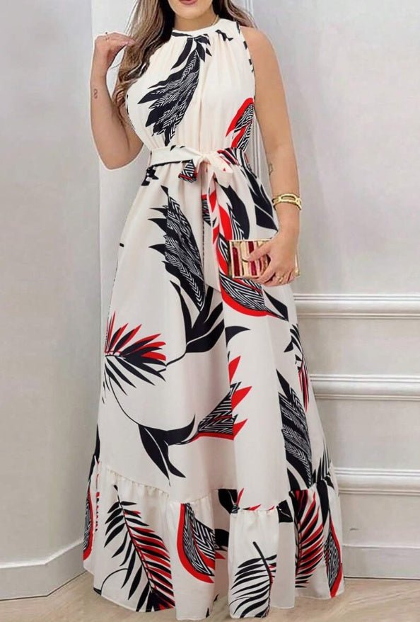 Women Plant Print Sleeveless Dress, Casual Vacation Style Maxi Women Outfit - Sophinity