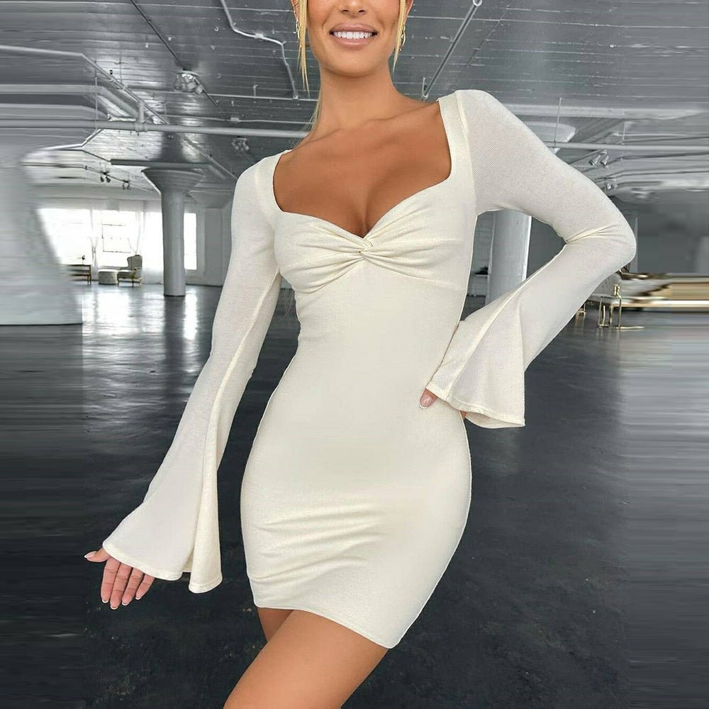 Solid Color Square Neck Flared Sleeve Slim Sexy Hip Dress - Sophinity