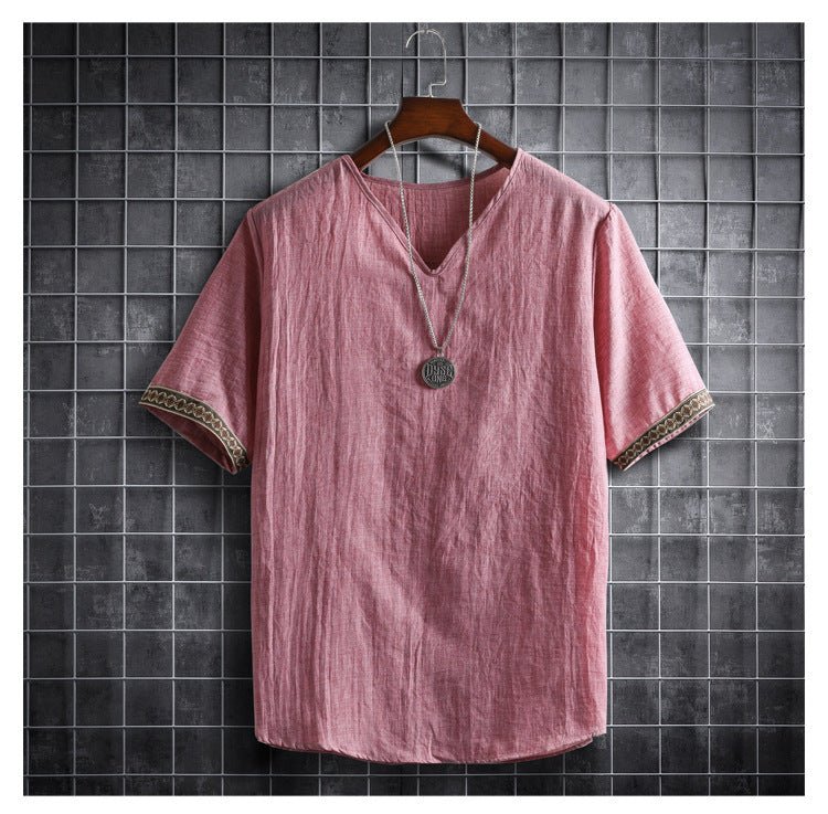 Vintage Linen V - Neck Short Sleeve T-Shirt Running Volume - Sophinity