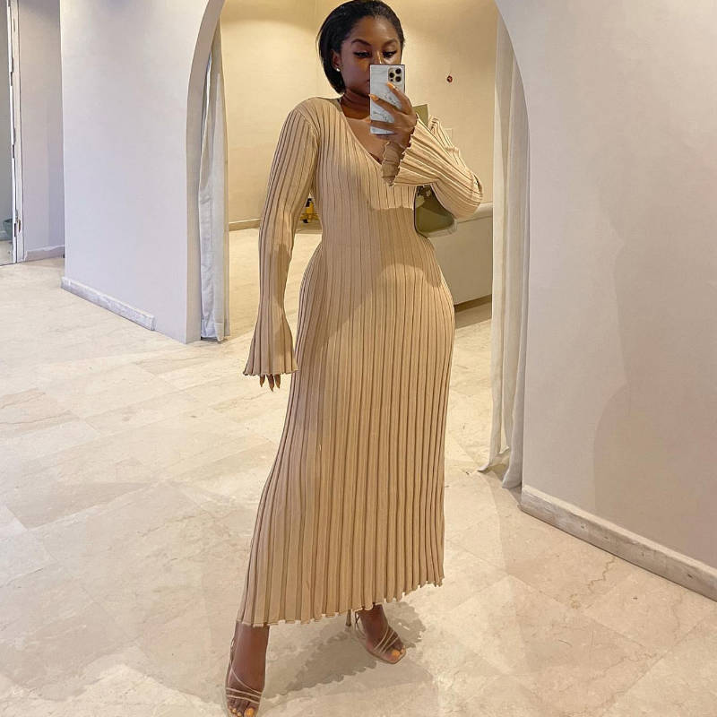 Casual Waist - skimming V - neck Large Pit - striped Slim Knitted Maxi Dress For Women - Sophinity