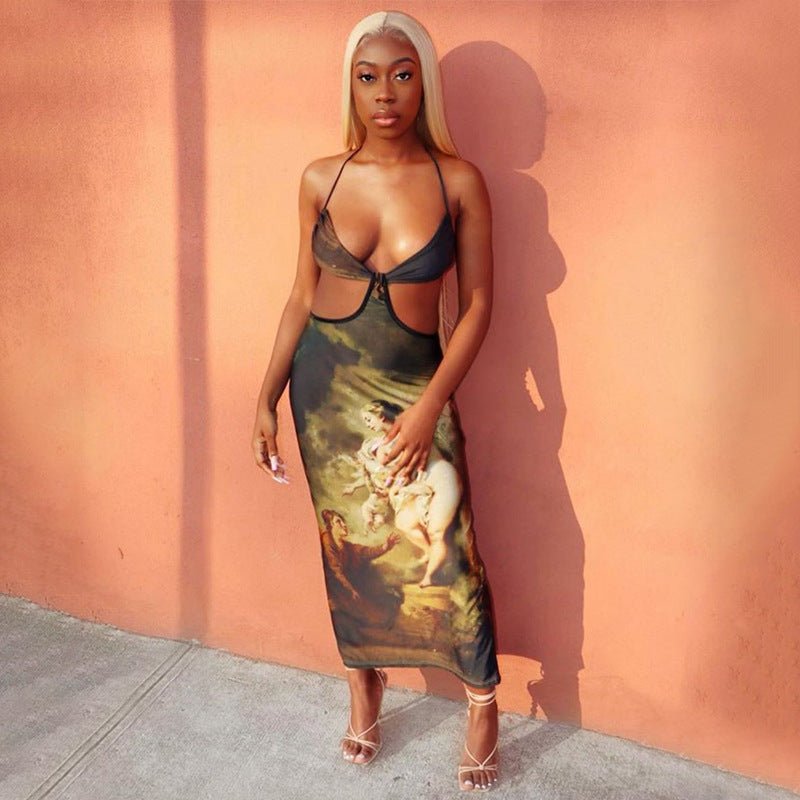 Halterneck Camisole Waist Cutout Print Maxi Dress - Sophinity