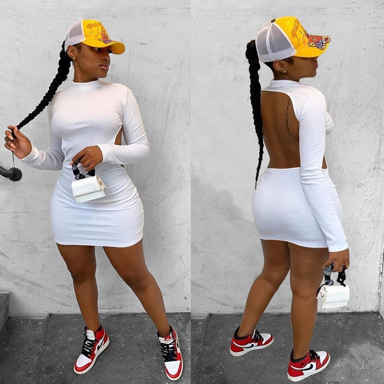 Solid Color High - elastic Long Sleeve Backless Dress - Sophinity