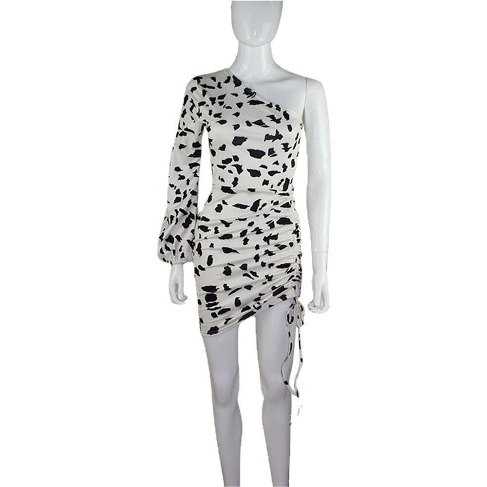 Women's Clothing Socialite Cows Pattern Skirt Slim - fit Oblique Shoulder Dress - Sophinity