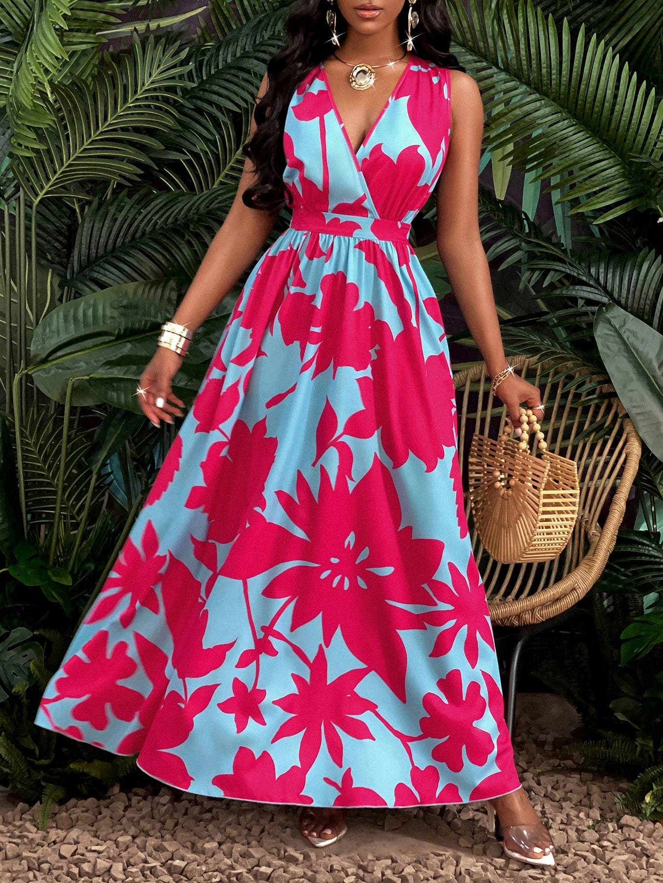Print Deep V Neckline Cinched Waist Fit And Flare Dress Maxi Women Outfit - Sophinity