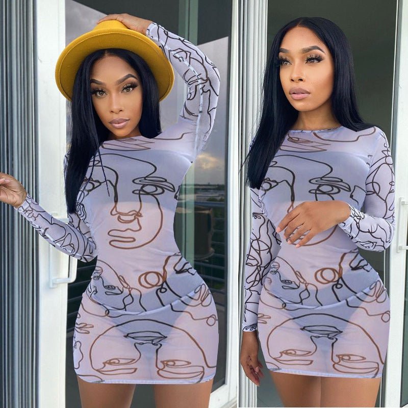 Women's Round Neck Long Sleeve Art Graffiti Slim Dress - Sophinity