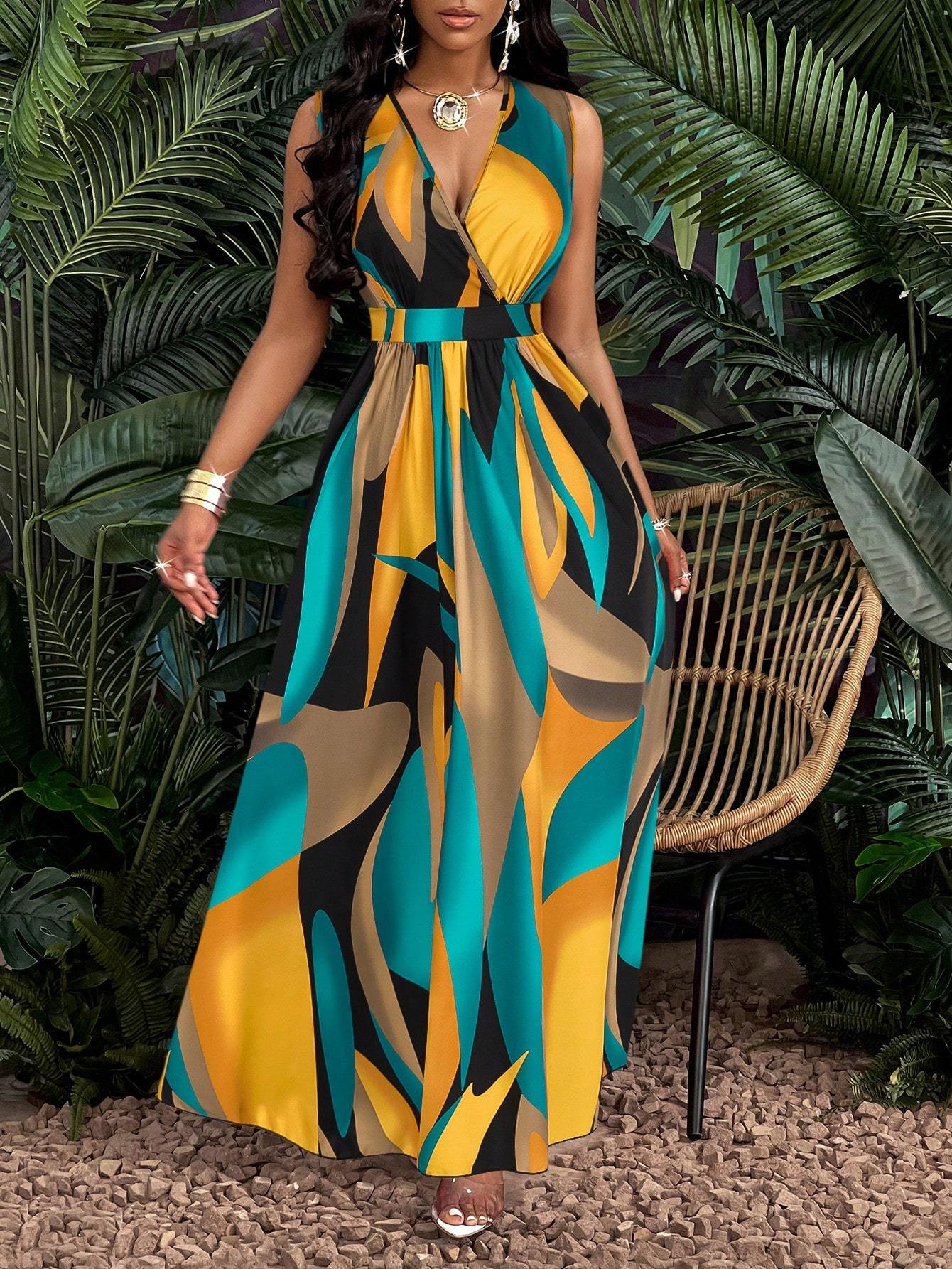 Print Deep V Neckline Cinched Waist Fit And Flare Dress Maxi Women Outfit - Sophinity