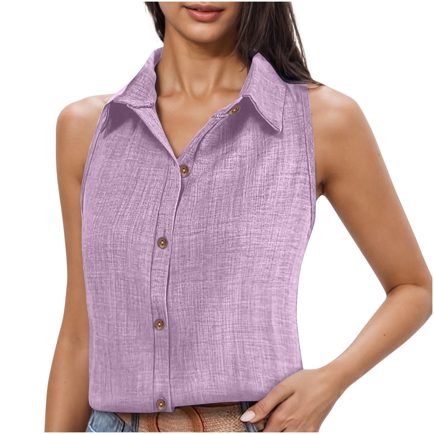 Lapel Cotton Linen Button Sleeveless Shirt Women's Clothing - Sophinity