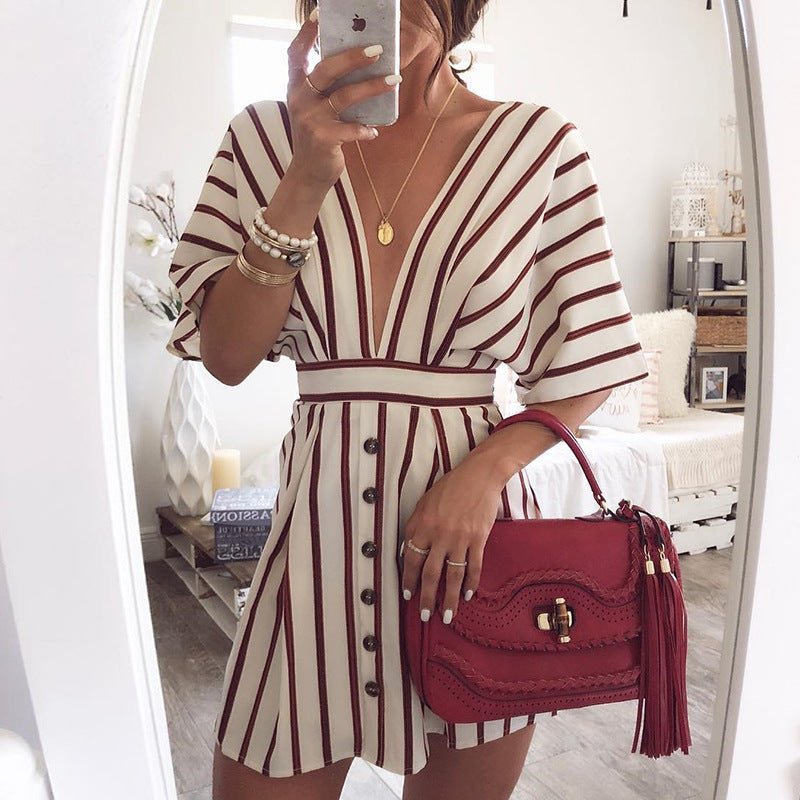 Summer and autumn topless women's striped deep V dress - Sophinity