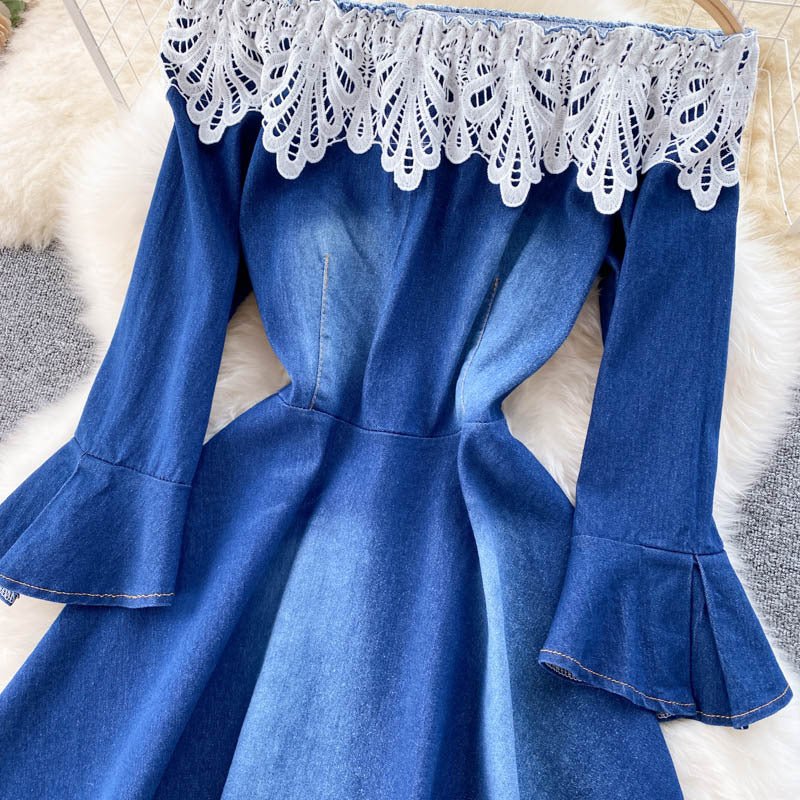 Small One Shoulder Stitching Denim Dress - Sophinity